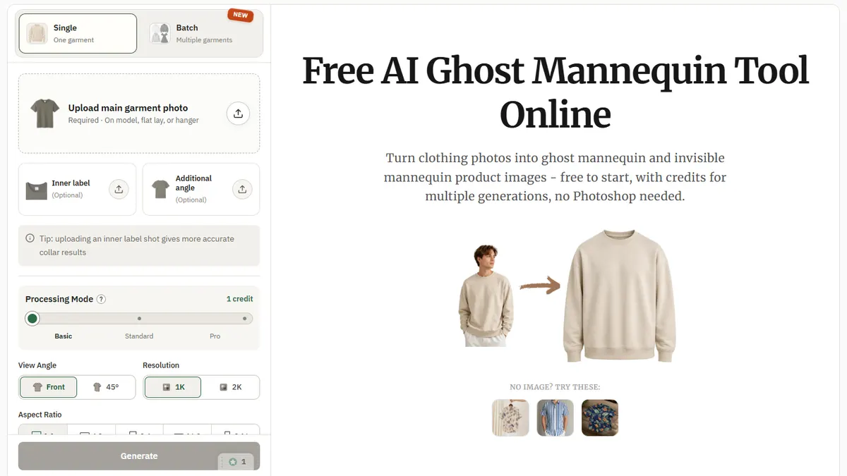 AdWorker ghost mannequin tool with a main garment upload, optional inner label and additional angle uploads, a Basic processing mode at 1 credit, and 1K or 2K resolution
