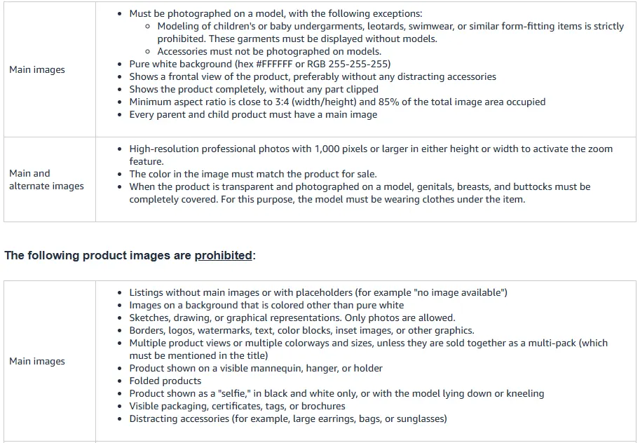 Amazon Seller Central clothing image guide: main images must be photographed on a model, and main images showing a visible mannequin, hanger or holder, or folded products, are prohibited
