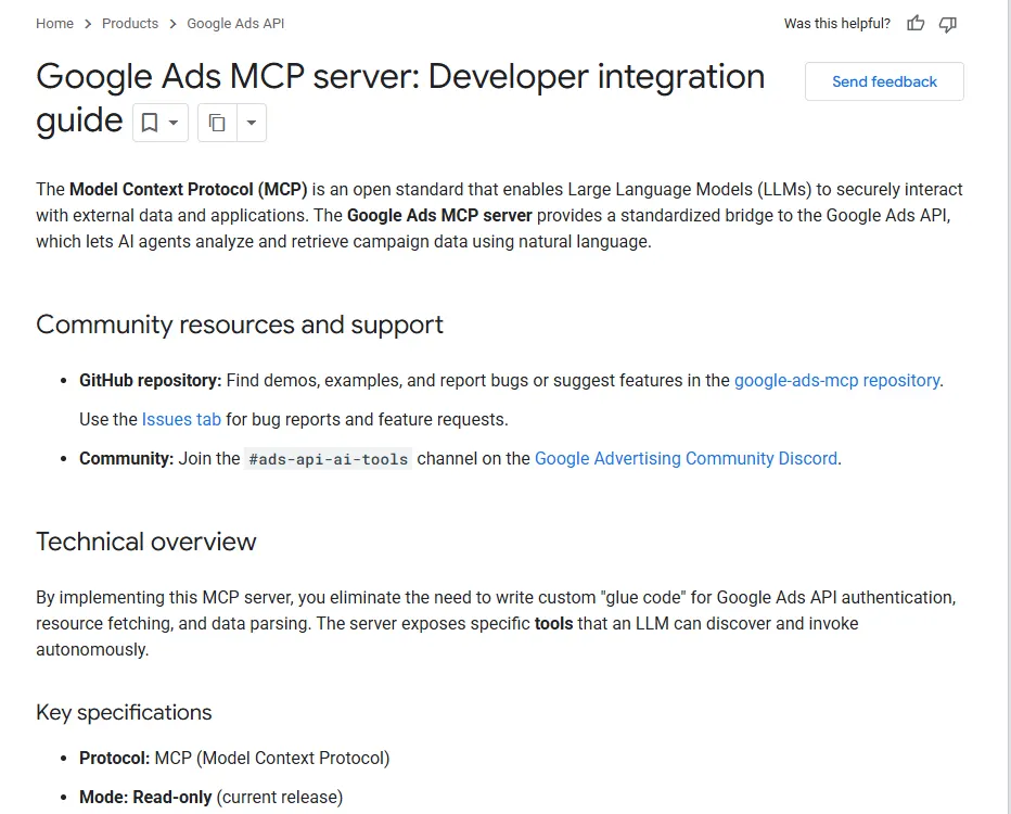 Google Ads API developer guide for the Google Ads MCP server, listing its mode as read-only in the current release
