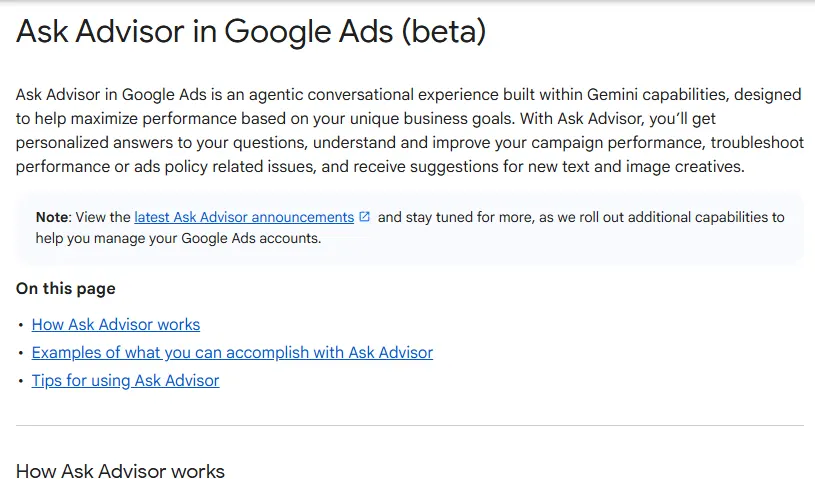 Google Ads help center article titled Ask Advisor in Google Ads (beta), describing an agentic conversational experience built with Gemini