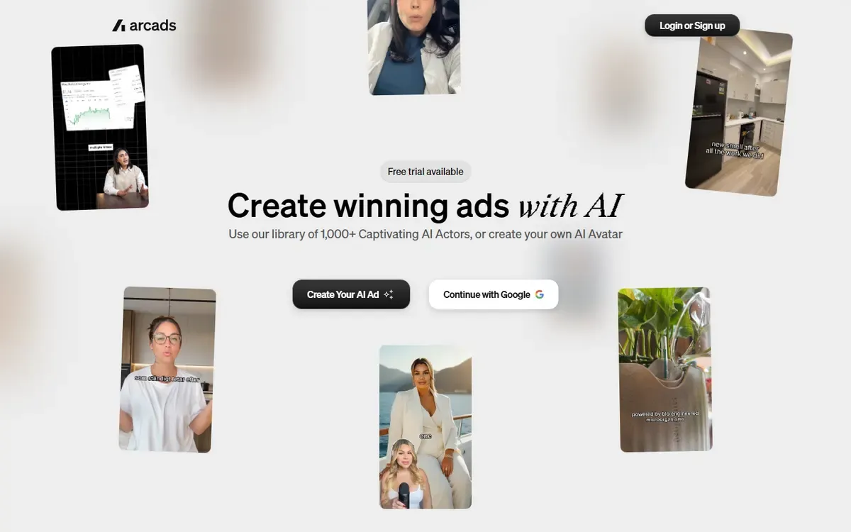 Arcads homepage offering a free trial and a library of more than 1,000 AI actors