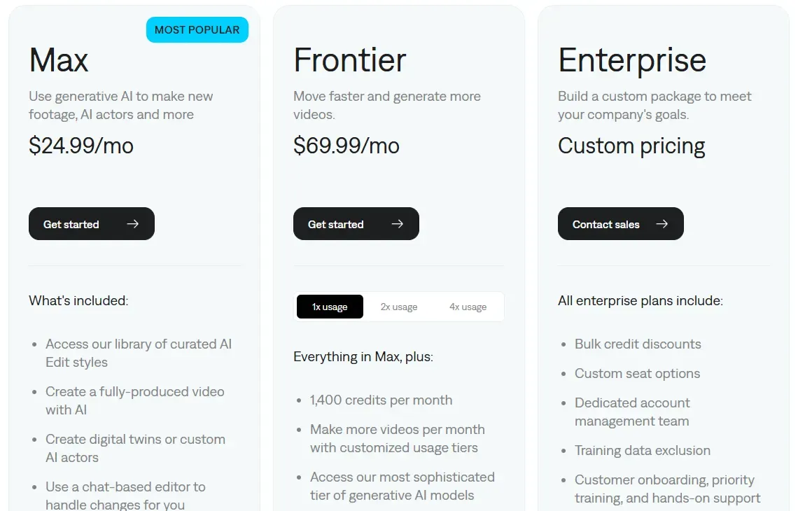 Captions pricing page showing Max at $24.99 a month and Frontier at $69.99 a month