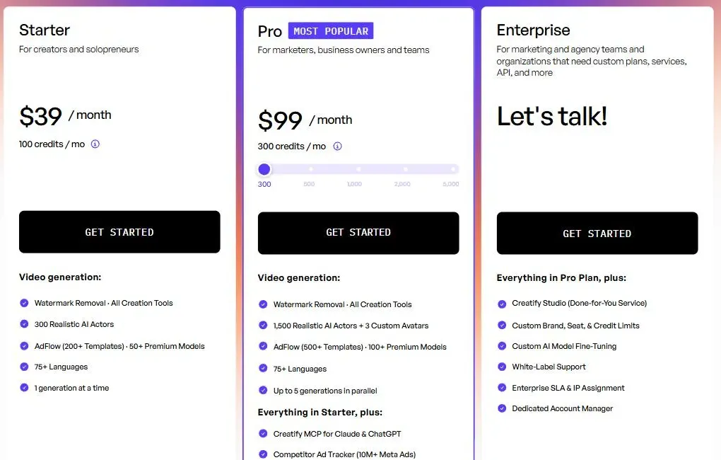 Creatify pricing page showing Starter at $39 a month with 100 credits and Pro at $99 a month with 300 credits
