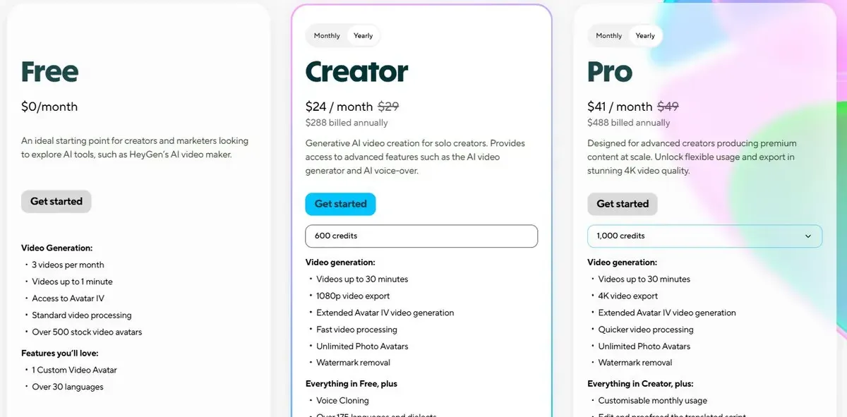 HeyGen pricing page showing the Free plan, Creator at $24 a month billed yearly with 600 credits and Pro at $41 a month billed yearly with 1,000 credits