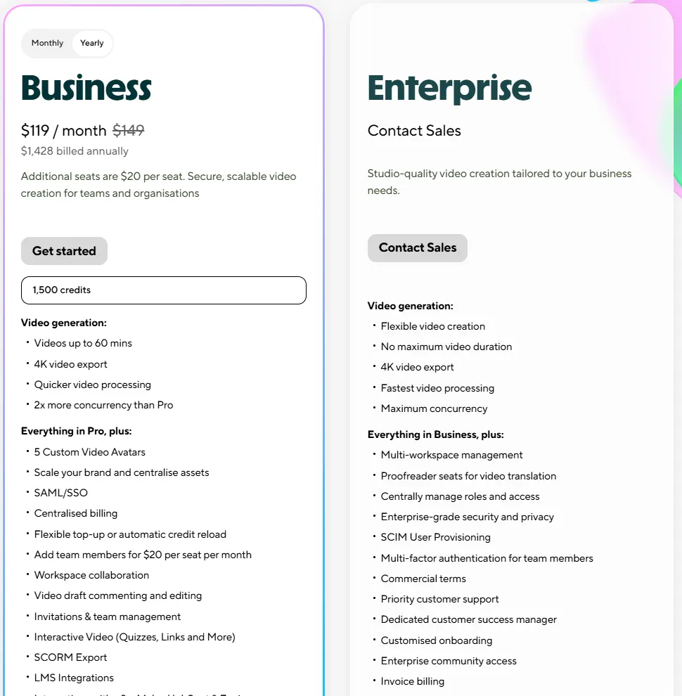 HeyGen Business plan at $119 a month billed yearly, $1,428 a year, with 1,500 credits, next to the Enterprise plan with contact sales pricing