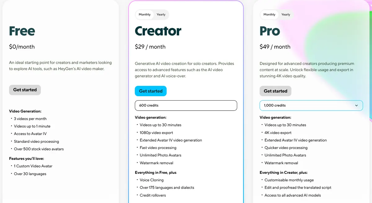 HeyGen pricing page showing the Free plan at $0, Creator at $29 a month with 600 credits and Pro at $49 a month with 1,000 credits