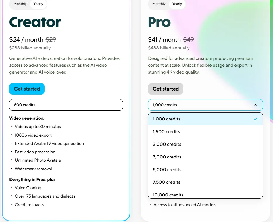 HeyGen pricing page on yearly billing with Creator at $24 a month and Pro at $41 a month, with the Pro credit tier menu open from 1,000 to 10,000 credits
