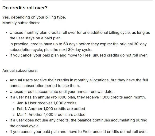 HeyGen help center rollover rules: monthly credits roll over for one extra billing cycle, yearly credits accumulate until the renewal date