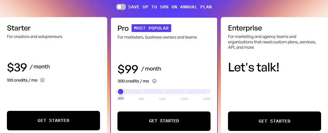 Creatify pricing page showing Starter at $39 a month with 100 credits, Pro at $99 a month with 300 credits and Enterprise on request