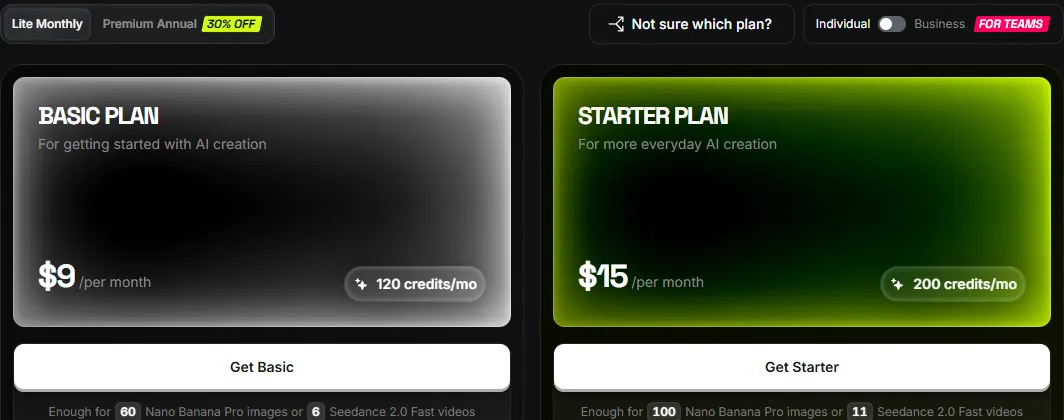 The Lite Monthly layout of Higgsfield's pricing page showing a Basic plan at $9 with 120 credits and a Starter plan at $15 with 200 credits