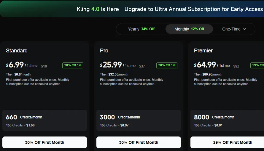 Kling pricing page on monthly billing showing Standard at $6.99 for the first month with 660 credits and Pro at $25.99 for the first month with 3,000 credits