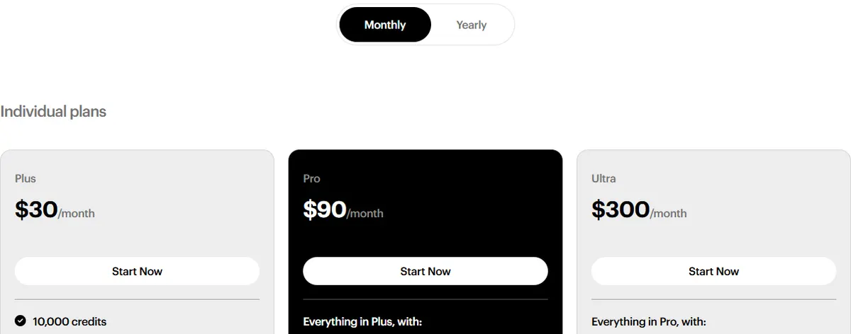 Luma pricing page on monthly billing showing Plus at $30 with 10,000 credits, Pro at $90 and Ultra at $300 a month