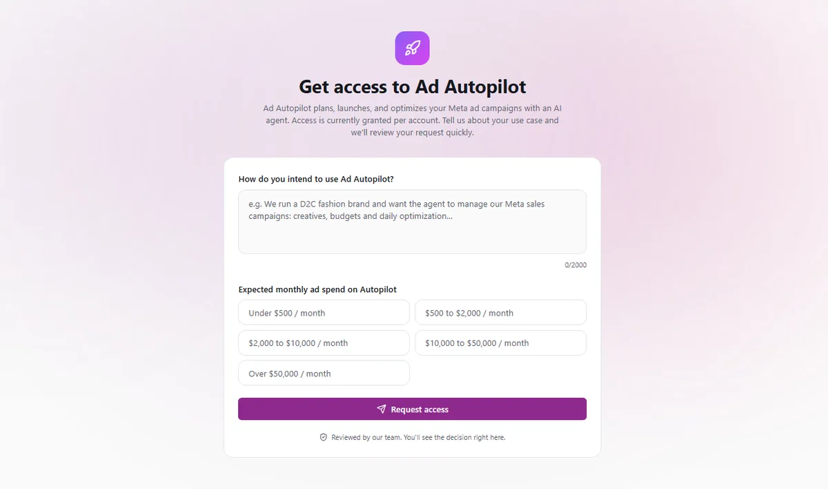 CamClo Ad Autopilot access request screen, where brands describe their use case and expected monthly ad spend