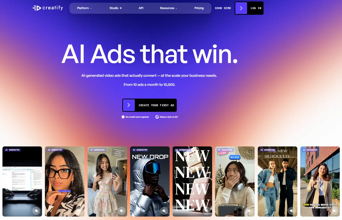 Creatify homepage showing AI-generated video ad variants for ecommerce brands