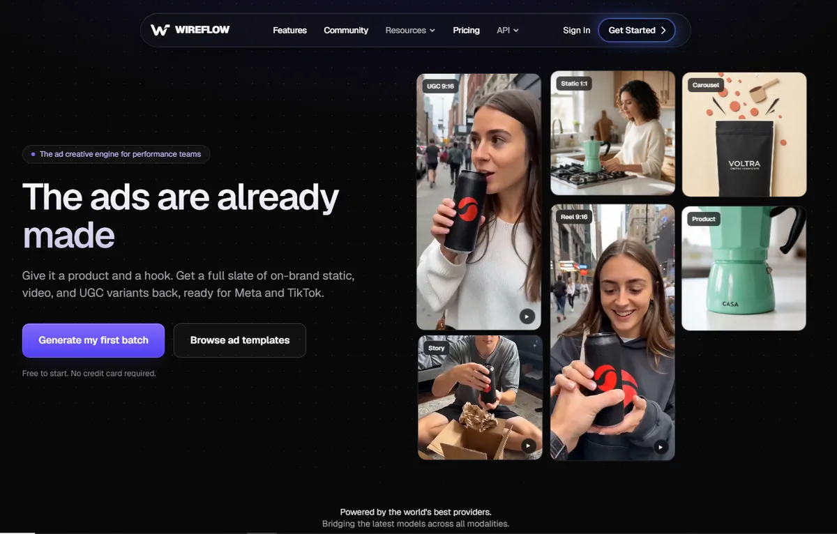 Wireflow homepage showing its ad creative engine with UGC, static, carousel and story ad variants