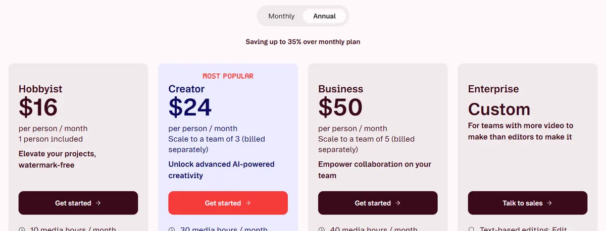 Descript pricing page on annual billing showing Hobbyist at $16, Creator at $24 and Business at $50 per person a month