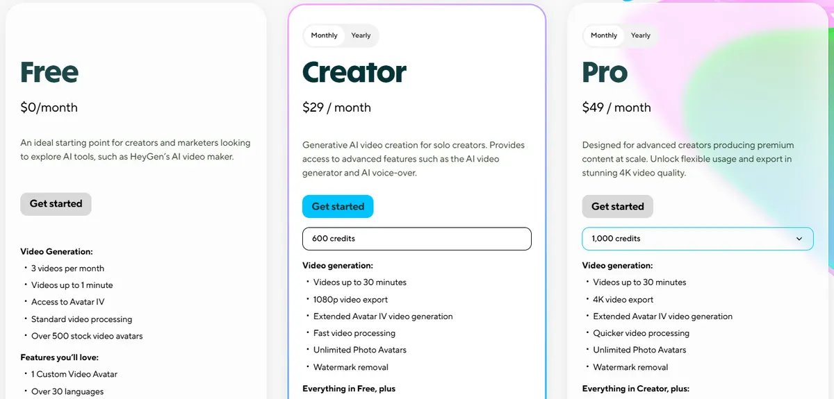 HeyGen pricing page showing Free at $0 with 3 videos a month, Creator at $29 a month with 600 credits and Pro at $49 a month with 1,000 credits