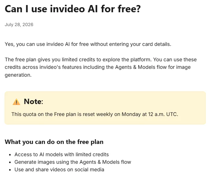 InVideo help center article saying the free plan needs no card, gives limited credits and resets weekly on Monday at 12 a.m. UTC