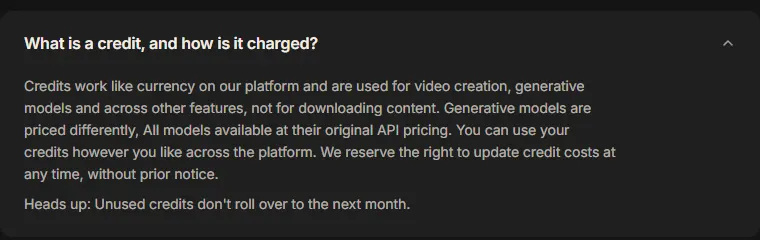 InVideo pricing FAQ saying credits do not roll over and that InVideo can update credit costs at any time without prior notice