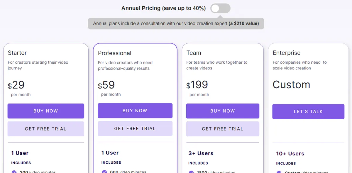 Pictory pricing page on monthly billing showing Starter at $29, Professional at $59 and Team at $199 a month