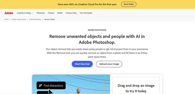 Adobe Photoshop Remove Object tool interface showing AI-powered object removal with Generative Fill