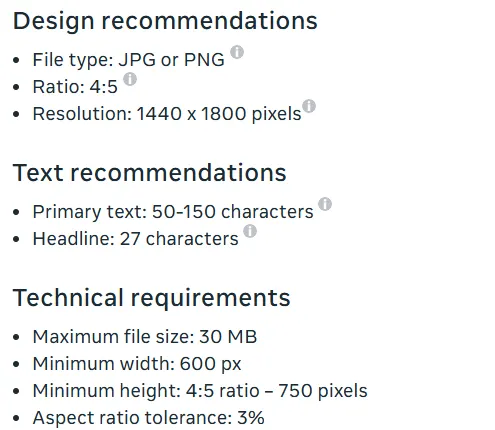 Meta Ads Guide spec block for Facebook Feed image ads: JPG or PNG, 4:5 ratio, 1440 x 1800 pixels, primary text 50 to 150 characters, 30 MB maximum and 600 pixel minimum width