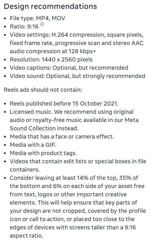 Meta Ads Guide design recommendations for Instagram Reels video ads: MP4 or MOV, 9:16, 1440 x 2560 pixels, what Reels ads should not contain and the 14%, 35% and 6% safe zone