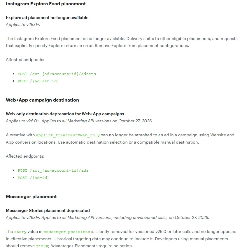 Meta's Graph API v26.0 changelog saying the Instagram Explore Feed placement is no longer available and the Messenger Stories placement is deprecated