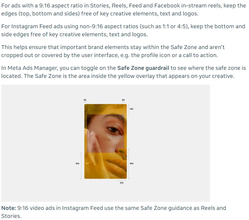 Meta help centre safe zone guidance with a 9:16 diagram marking 14% at the top, 35% at the bottom, 6% at each side and a 40% by 21% area in the lower right