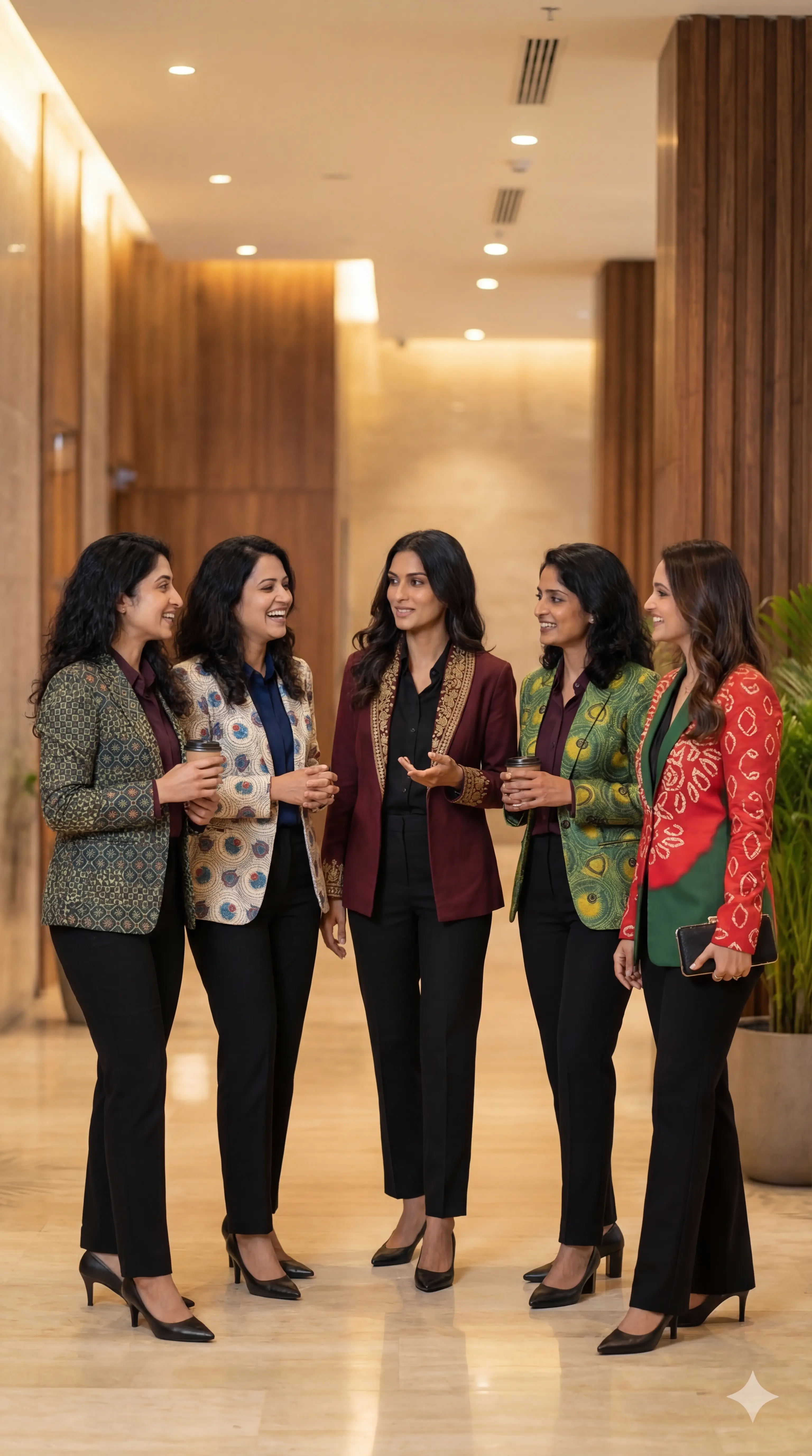 Professional corporate team photo showing consistent character rendering across 5 people