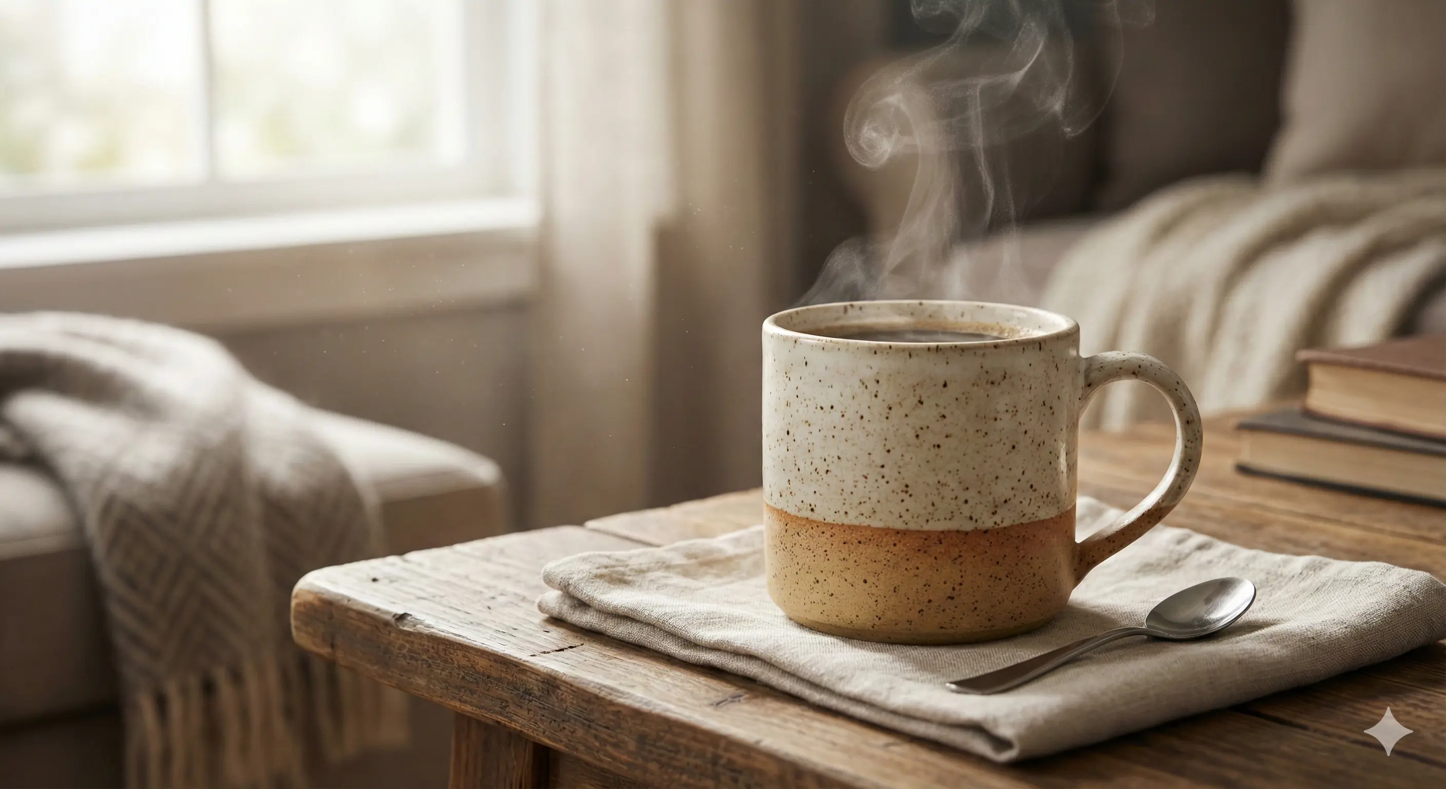 Professional product photography of ceramic coffee mug in cozy morning setting