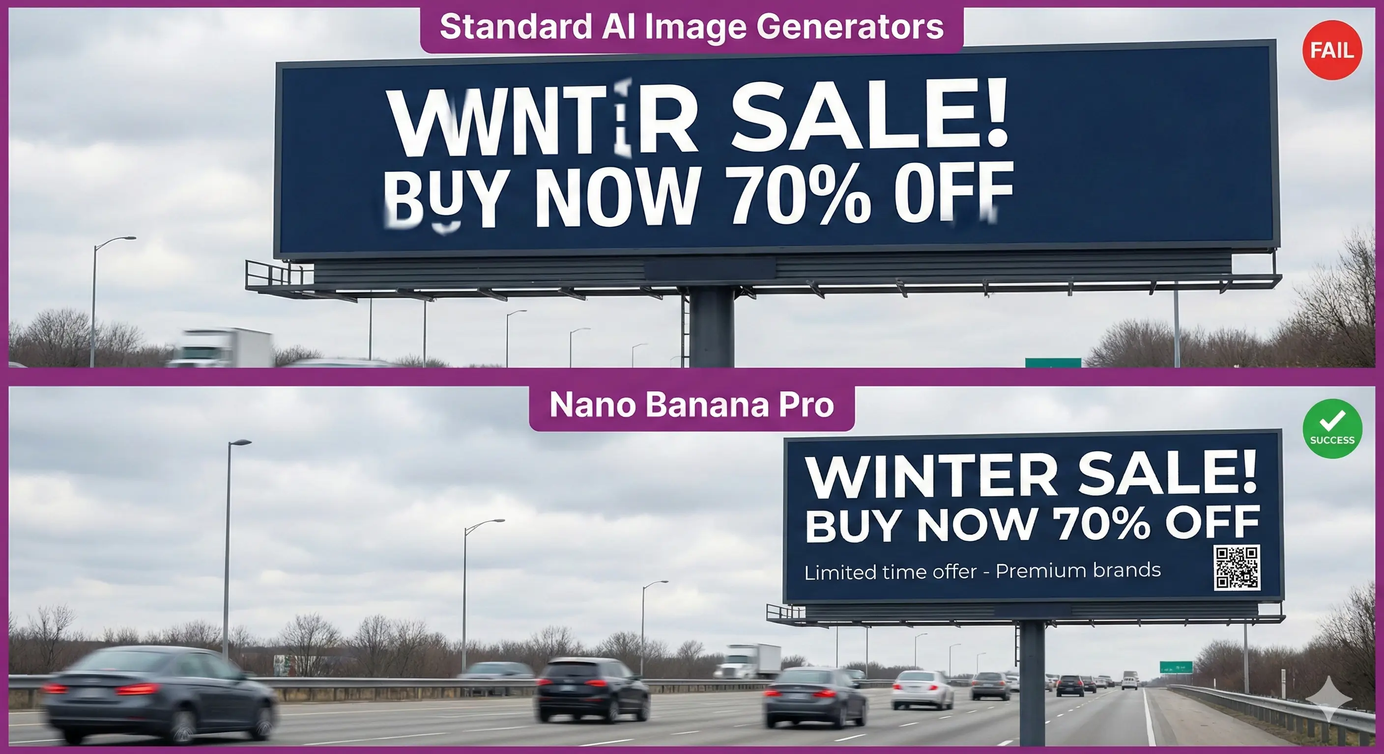 Text rendering comparison - garbled AI text vs perfect Nano Banana Pro text on billboard
