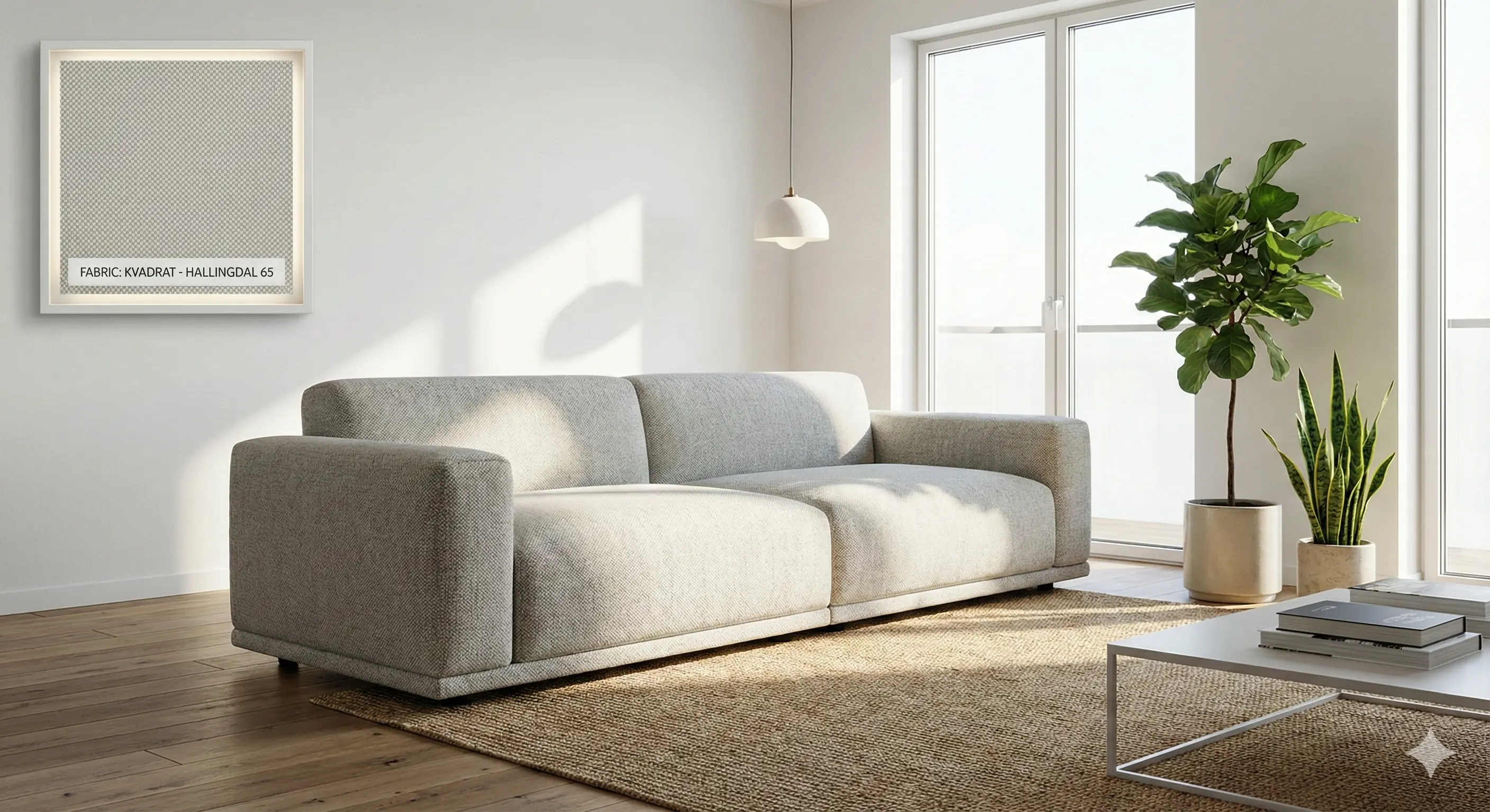 Virtual staging example - sofa in modern Scandinavian living room setting