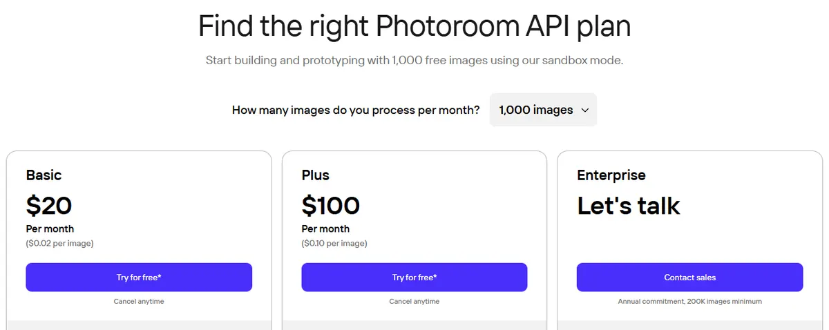 Photoroom API pricing page showing the Basic plan at $20 a month ($0.02 per image), Plus at $100 a month ($0.10 per image) and Enterprise for 1,000 images a month