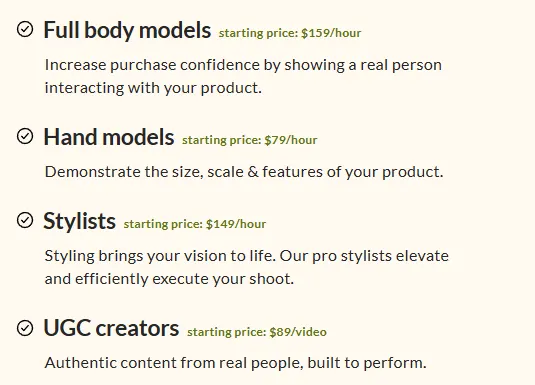 soona pricing page listing full body models from $159 an hour, hand models from $79 an hour, stylists from $149 an hour and UGC creators from $89 a video
