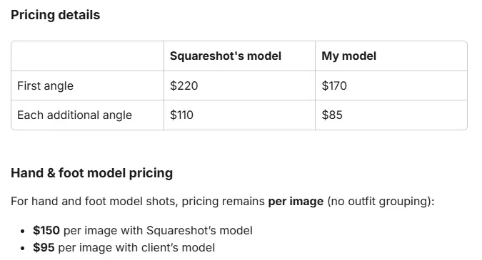 Squareshot help center table showing $220 for the first angle and $110 for each additional angle with a Squareshot model, and $170 and $85 with the client's model
