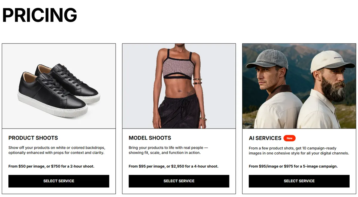 Squareshot pricing page showing product shoots from $50 per image or $750 for a 2-hour shoot, model shoots from $95 per image or $2,950 for a 4-hour shoot, and AI services from $95 per image