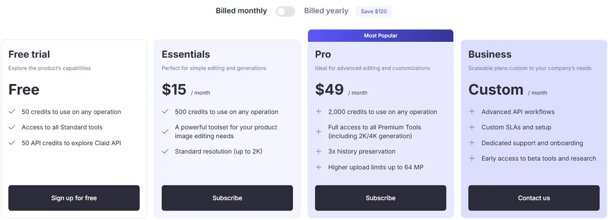 Claid pricing page on monthly billing showing a free trial with 50 credits, Essentials at 15 dollars a month with 500 credits and Pro at 49 dollars a month with 2,000 credits