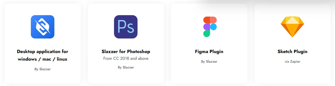 Slazzer tools page listing a desktop application for Windows, Mac and Linux, Slazzer for Photoshop, a Figma plugin and a Sketch plugin