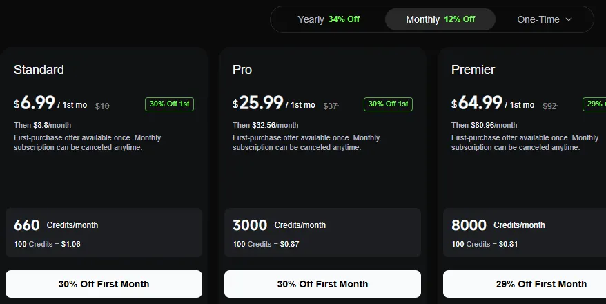 Kling membership page on monthly billing showing Standard at $6.99 for the first month then $8.80 a month with 660 credits, Pro at $25.99 then $32.56 with 3,000 credits, and Premier