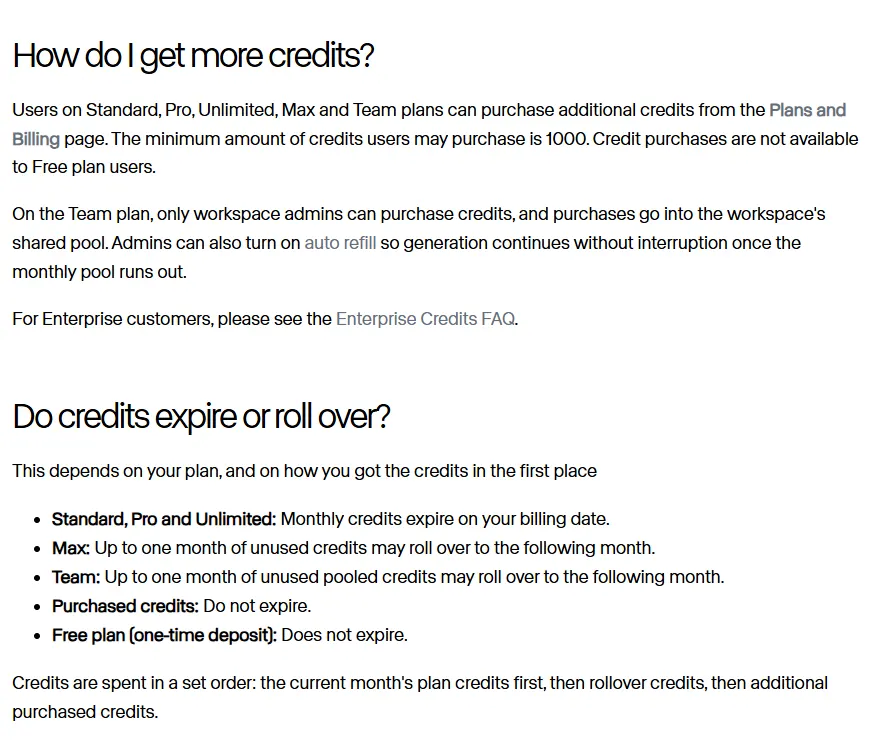 Runway help center text saying monthly credits expire on Standard and Pro, Max and Team roll over up to one month, and purchased credits do not expire, with a 1,000 credit minimum purchase