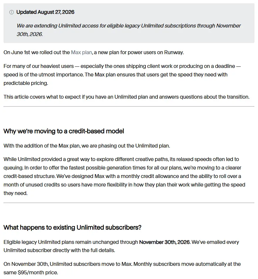 Runway help center article saying Max rolled out on June 1, Unlimited is being phased out, and legacy Unlimited plans stay unchanged through November 30, 2026