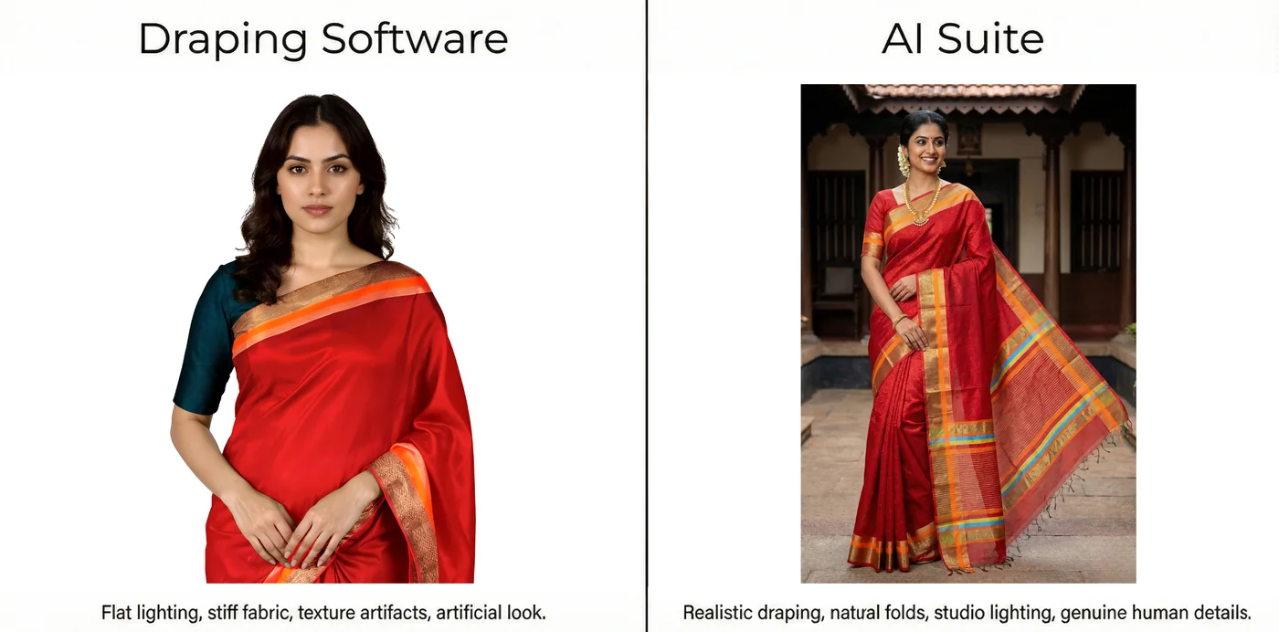 Side-by-side comparison showing draping software output with flat lighting and artificial look versus AI Suite output with realistic draping, natural folds, and genuine human details