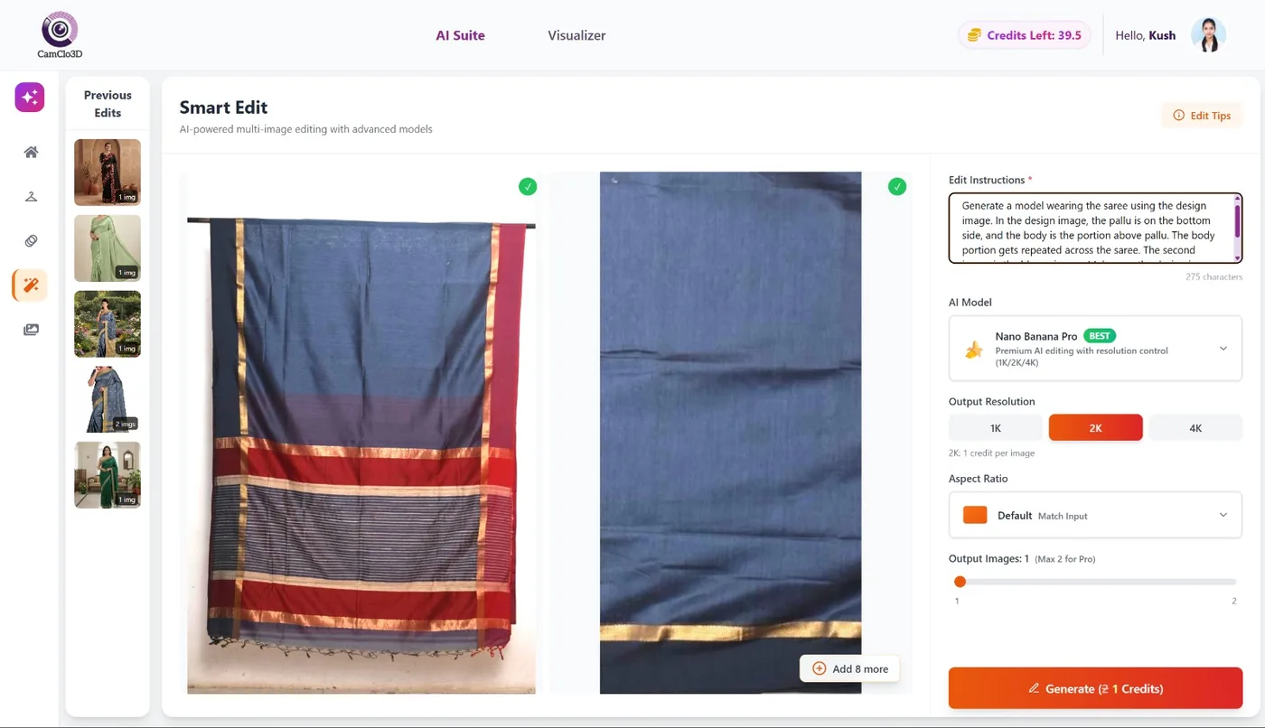 Smart Edit interface showing saree and blouse images uploaded with prompt
