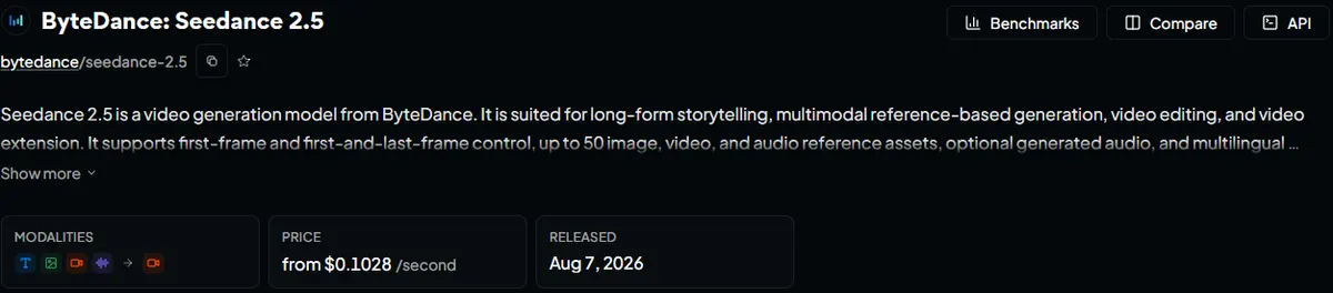 OpenRouter's Seedance 2.5 model page showing a price from $0.1028 per second and a release date of August 7, 2026