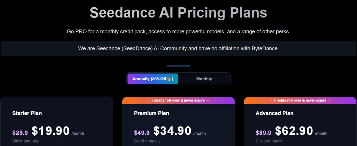 The seedance.ai pricing page with a banner stating it is a Seedance community site with no affiliation with ByteDance, above its own plan prices