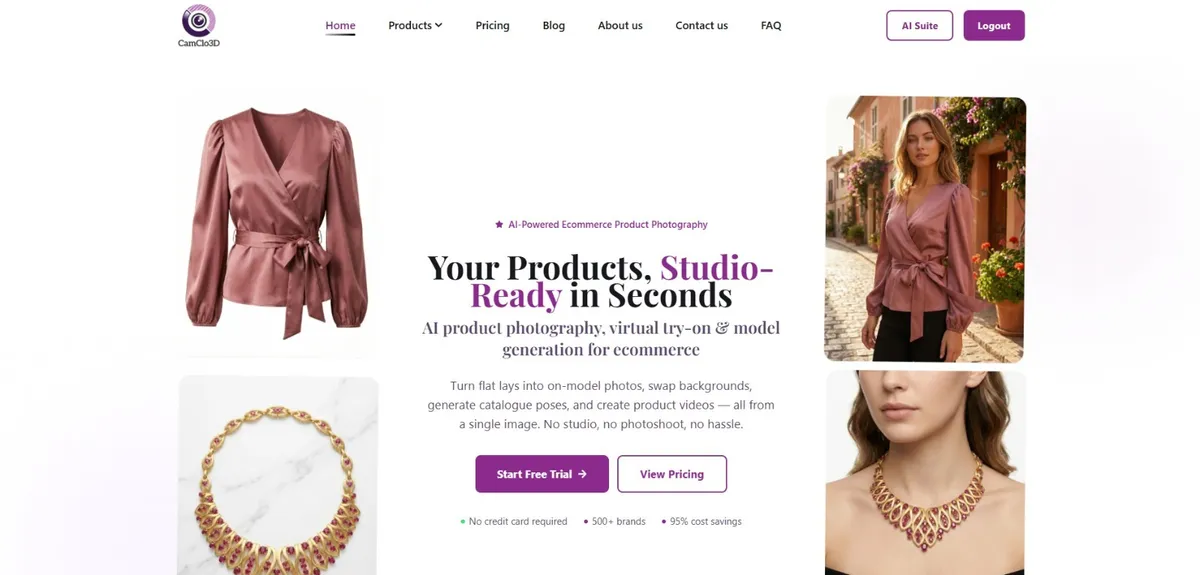 Camclo AI fashion platform dashboard showing virtual try-on features