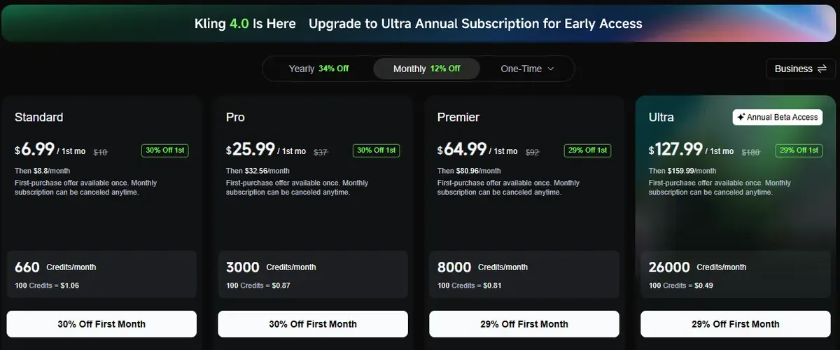 Kling pricing page with Standard, Pro, Premier and Ultra plans and a Kling 4.0 early access banner