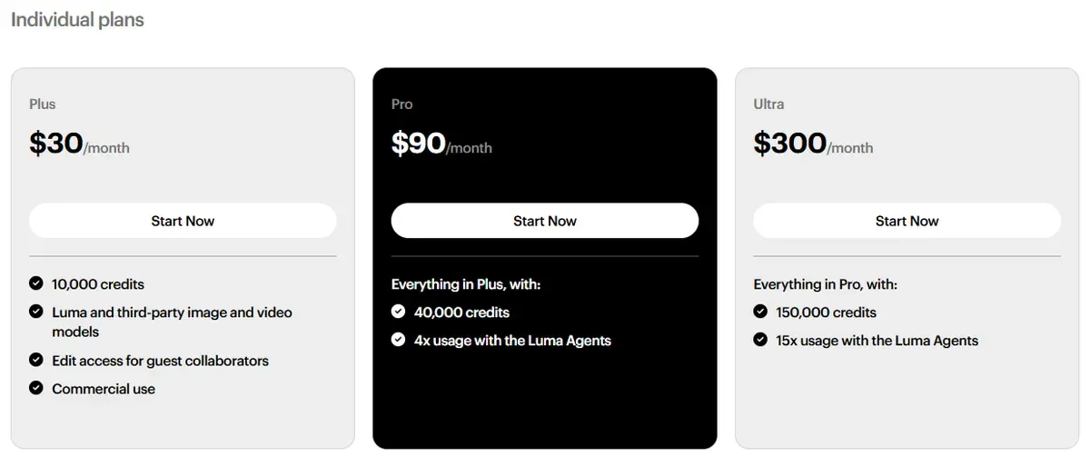 Luma pricing page showing the Plus plan at $30 a month with 10,000 credits, Pro at $90 and Ultra at $300