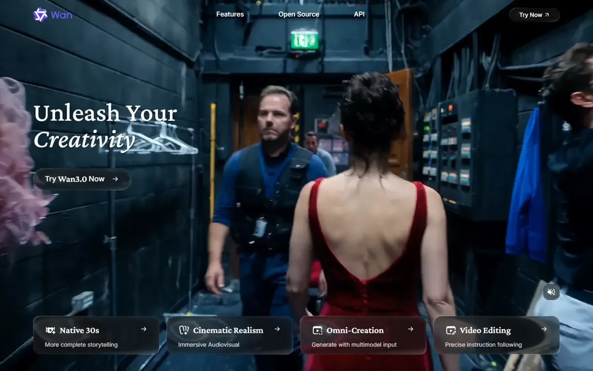Wan homepage promoting Wan 3.0 with native 30-second video, omni-creation and video editing